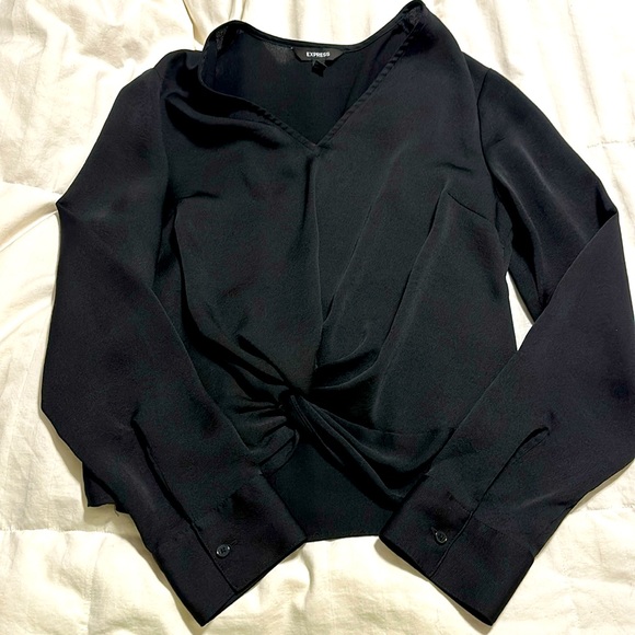 Express Tops - Express - L/S Black V Neck Front Knot Blouse - Small